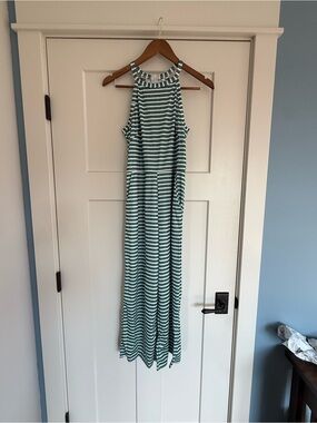 Striped Halter Wide Leg Jumpsuit Green & White with Pockets  M